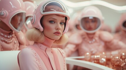 Obraz na płótnie Canvas Retro-futuristic New Year's party in pastel pink colors. A girl in a space outfit