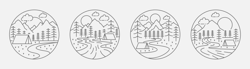 Collection of camping and mountain illustration with monoline or line art style, design can be for t-shirts, wrapping paper, printing needs