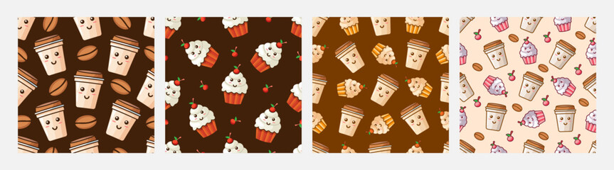 Fototapeta premium Coffee and cupcake seamless pattern vector design, design can be for t-shirts, wrapping paper, printing needs