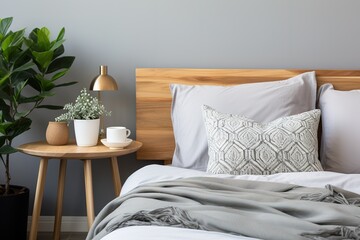 Close-up of grey blanket and cushions on bed with wooden bedhead in bedroom interior with lamp, plant and armchair