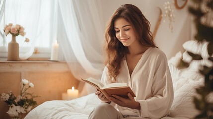 Beautiful happy woman read book in bed