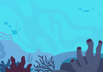 Fototapeta na wymiar Underwater background. Blue water with marine fauna and corals
