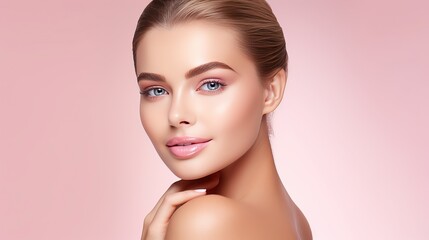 Beautiful woman, model for facial banner product in pink background