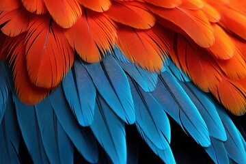 Obraz premium Colorful of Scarlet macaw bird's feathers with red yellow orange and blue shades, exotic nature background and texture