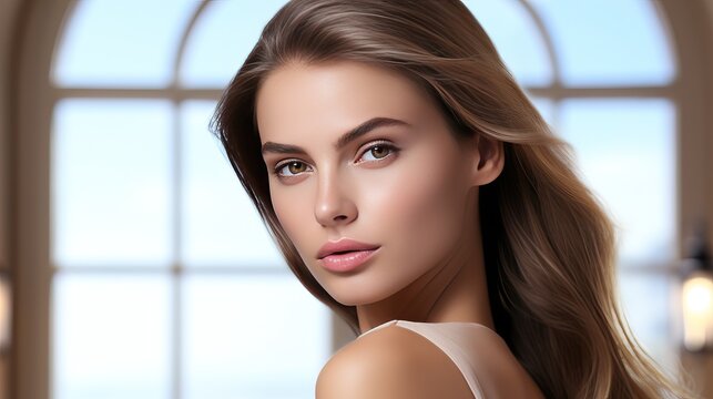 Beautiful woman, model for facial banner product in luxury room