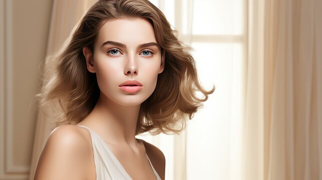 Beautiful woman, model for facial banner product on luxury room background