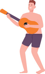 Happy guy playing guitar on summer beach. Outdoor party