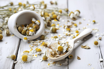 Fototapeta na wymiar Chamomile Dried medicinal herbs on white wooden background