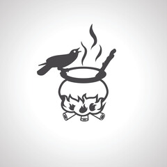 Witches black cauldron with crow bird icon