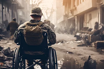 Fotobehang Single disabled retired military man in wheelchair moving down footpath. Generative AI © natalystudio