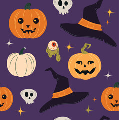 Seamles of cute characters in flat for Halloween.