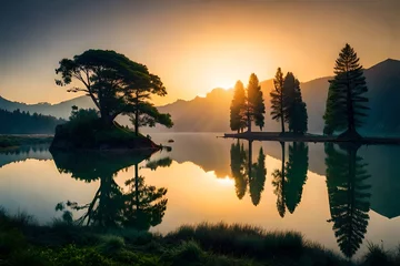 Fotobehang sunrise over the lake © Muhammad Ali