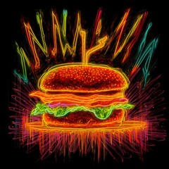 Hot hamburger magic realism stick figure drawing neon 