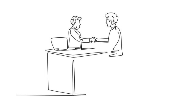 Animated self drawing of continuous line draw young businessman tourist handshaking hotel receptionist and ask to book room while holding luggage. Travelling concept. Full length single line animation