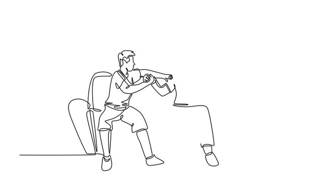 Animated self drawing of continuous line draw two young men soccer fans club handshaking and sitting on a couch to watch football match. Happy soccer fans on a sofa. Full length single line animation