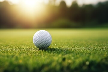 Obraz premium Golf ball placed on white golf tee on green grass golf course. Moody sunny sky.