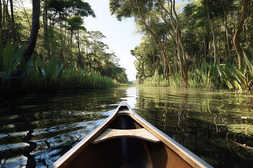 Fototapeta premium Sailing in a boat through the flooded forest in Amazon. View from the boat at Amazon river, with a dense forest on the shore and blue sky. POV wooden boat. Generative AI