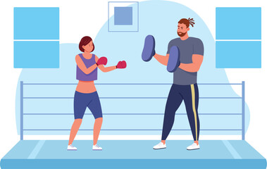 Martial arts training. Man couching woman to fight