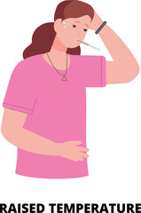 Raised temperature. Sickness symptom infographics. Woman with fever