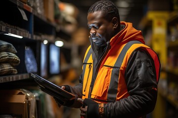 Engineer stands in a warehouse with a tablet computer and checks the statements for the presence of goods.Engineer with orange safety jacket and PPE walk audit in factory and warehouse. ai generative