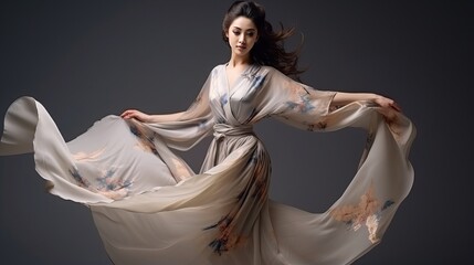 Beautiful Japanese model in flying dress, luxury theme