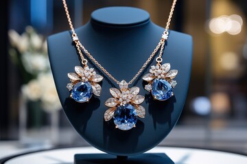 Jewelry diamond rings and necklaces show in luxury retail store window display showcase