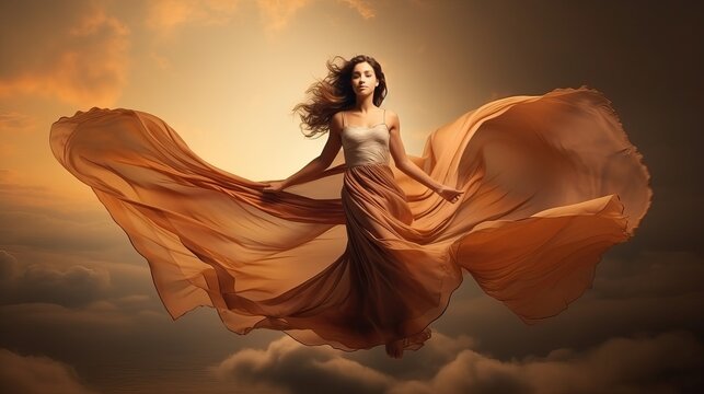 Beautiful woman, model wear flying dress in luxury theme