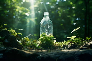 glass bottle in the forest. empty used trash bottle ecology environment. generative AI - obrazy, fototapety, plakaty