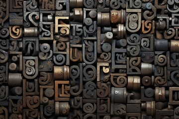 Letterpress background, close up of many old, random metal letters with copy space