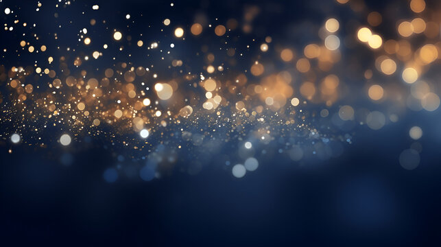 Festive Beautiful Navy Blue Background with golden bokeh lights. Winter Christmas Holiday Texture. generative AI