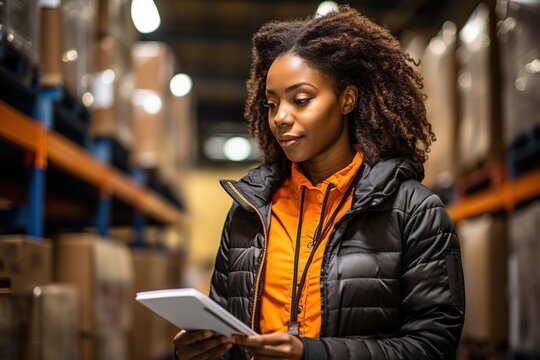 Engineer stands in a warehouse with a tablet computer and checks the statements for the presence of goods.Engineer with orange safety jacket and PPE walk audit in factory and warehouse. ai generative
