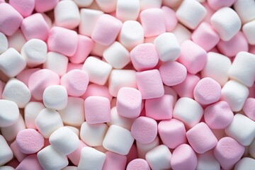 Mini marshmallows of white and light pink colors. Selective Focus. Flat lay