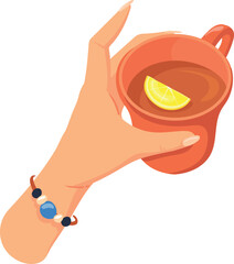 Tea with lemon slice in ceramic cup. Cartoon hand hold mug