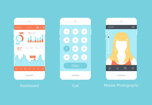 Flat vector collection of modern mobile phones with different user interface elements.