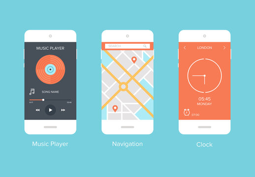 Flat vector collection of modern mobile phones with different user interface elements.