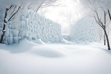 Snow covered trees and pathway with walls mockup