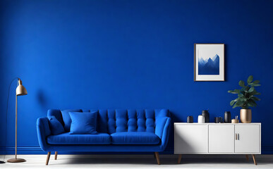 Empty royal blue wall mockup with blue sofa and painting