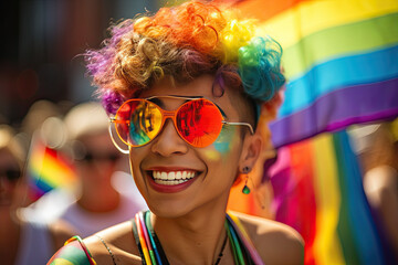 portrait of brunette woman with colorful painted curly hair sunglasses, at a LGTBI party, background with flags and some people