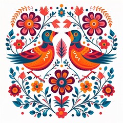 Illustration of birds in folk style with ornaments 