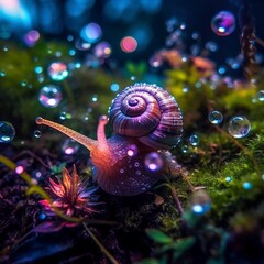 Iridescent snail in a magical fairy forest glitter 