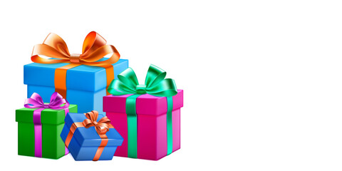 Festive illustration with several colored gift boxes with ribbons and bows on white background