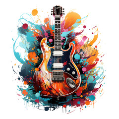 Fototapeta premium An electric guitar portrayed in an Instruments t-shirt design, the guitar's body becoming a vibrant carnival scene, Generative Ai