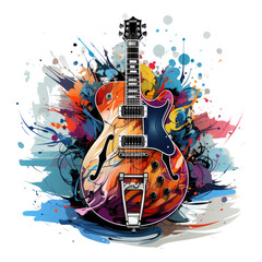 An electric guitar presented in an Instruments t-shirt design, the guitar's body transforming into a celestial orchestra, Generative Ai