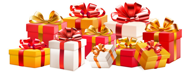 Festive illustration with bunch of colored gift boxes with ribbons and bows