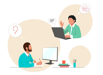 Office workers misunderstanding the task. Vector colourful illustration isolated on white background.