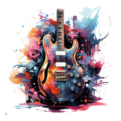 An electric guitar featured in an Instruments t-shirt design, the guitar's body becoming an enchanted book of melodies, Generative Ai