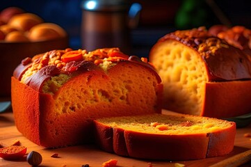 Sliced Pumpkin Bread: Freshly Baked Loaf in Artful Arrangement