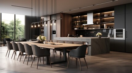 3D style of a dining area in modern kitchen. Luxurious interiors of a modern apartment