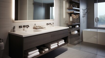 A bathroom with a double sink vanity and integrated storage