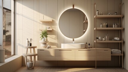 A bathroom with a floating vanity and a wall-mounted mirror